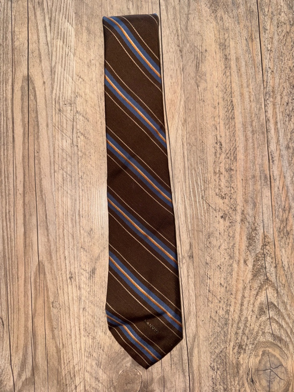 Lanvin Brown Tie with Blue and Tan Stripes